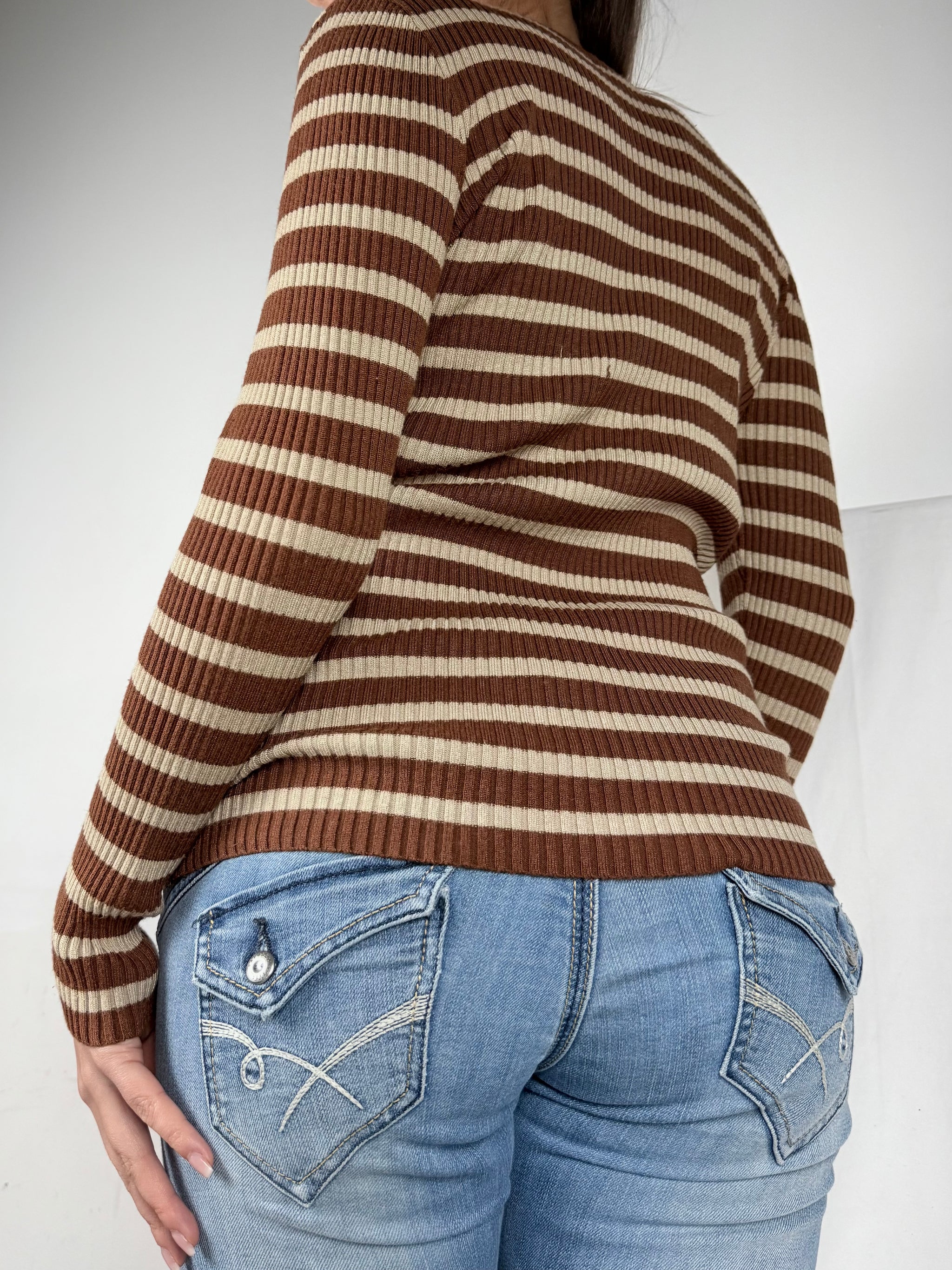 Brown striped ribbed V neck jumper (S/M)