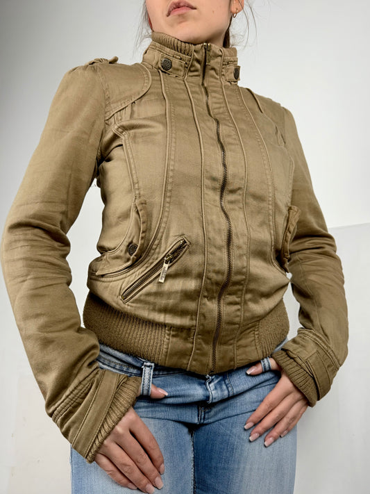 Beige cotton zip up biker jacket (M)