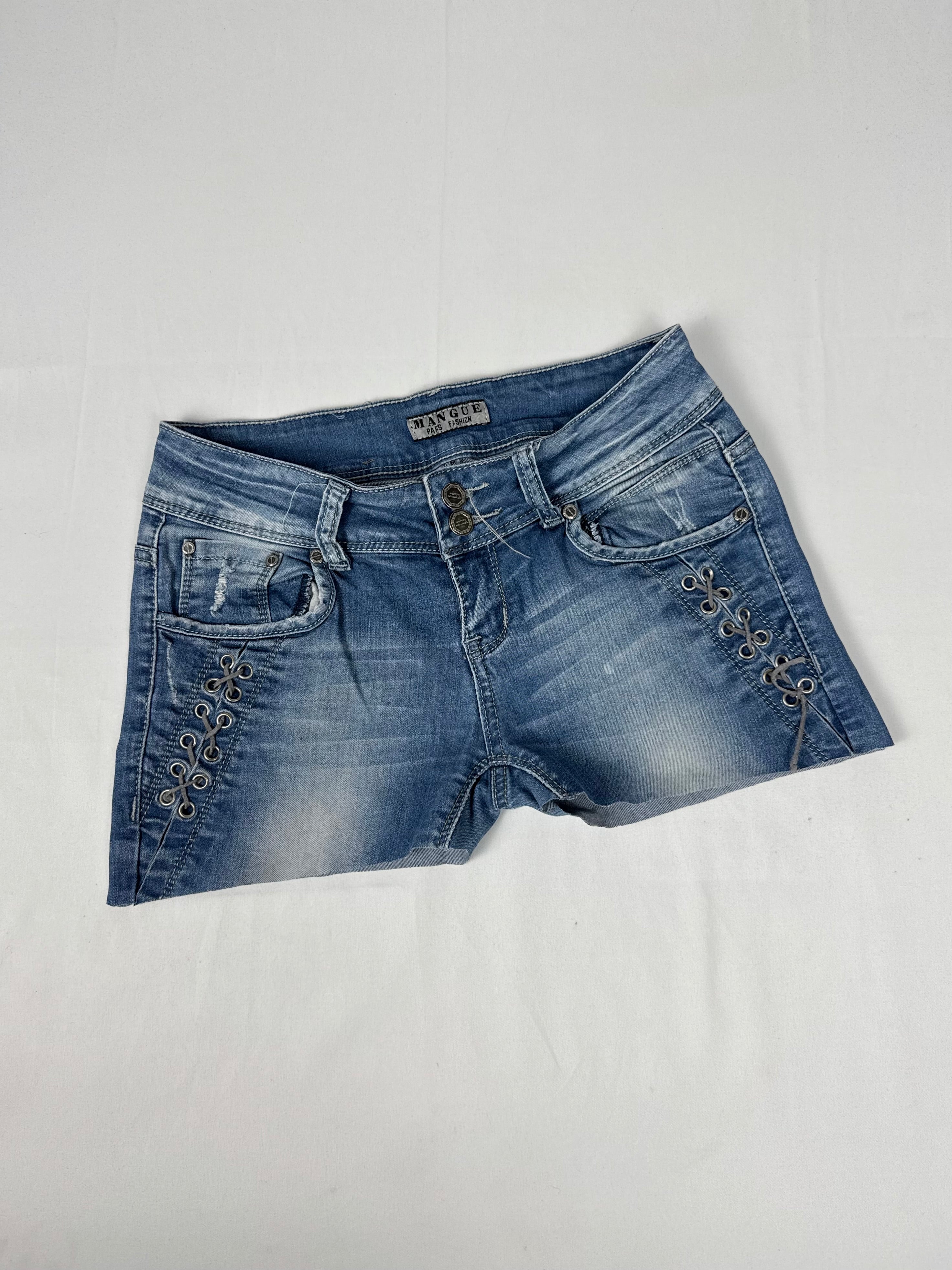 Lace up denim stretchy mini short (S)