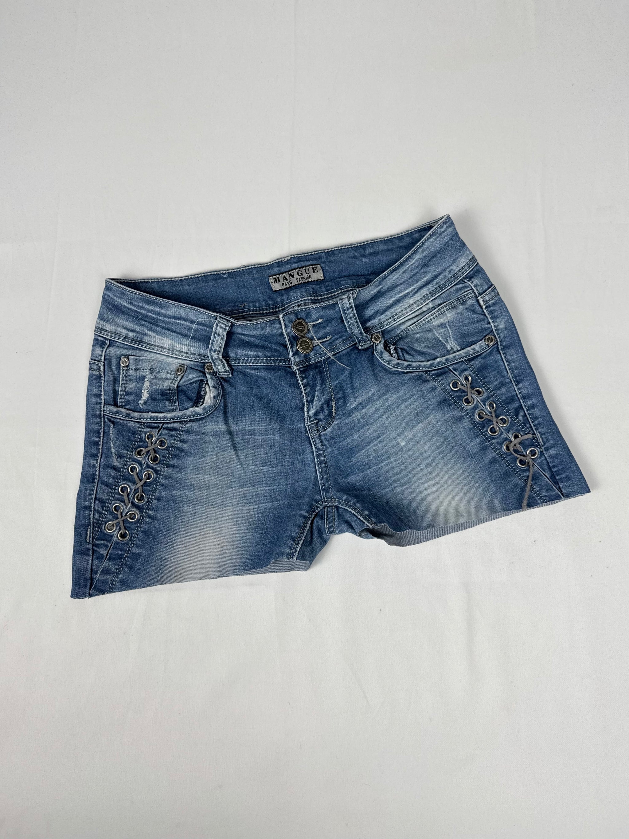 Lace up denim stretchy mini short (S)