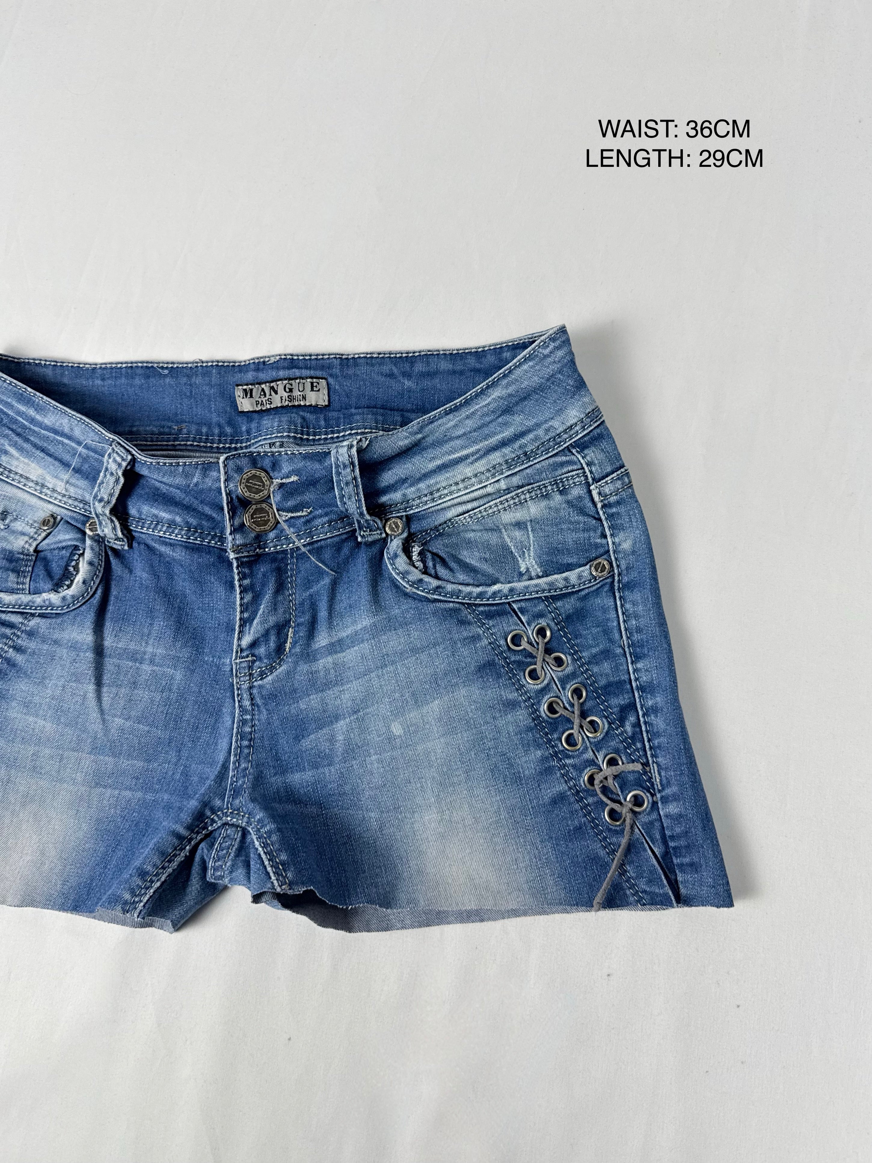 Lace up denim stretchy mini short (S)