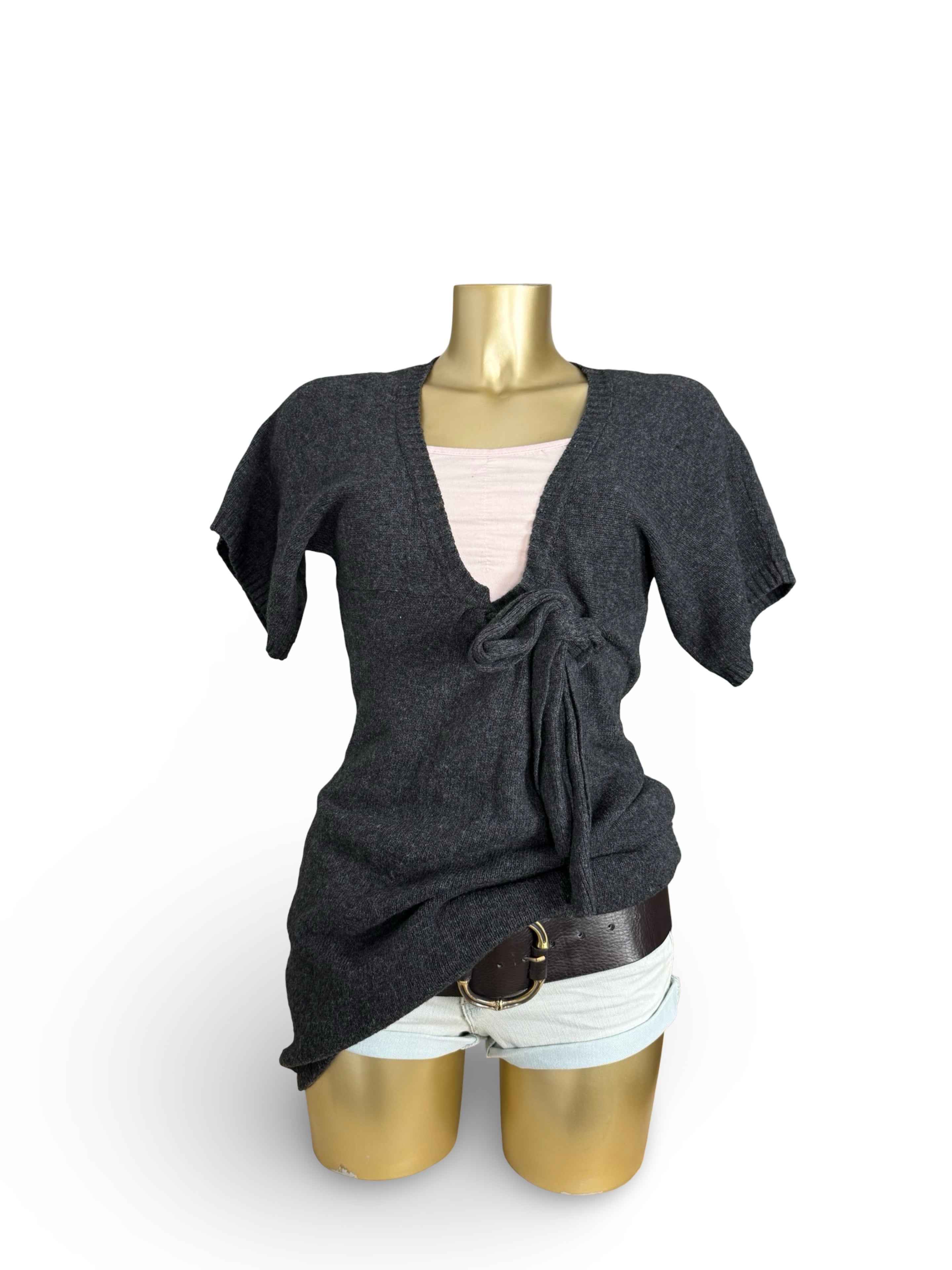 Grey short sleeves tie up knitted mini dress (S)