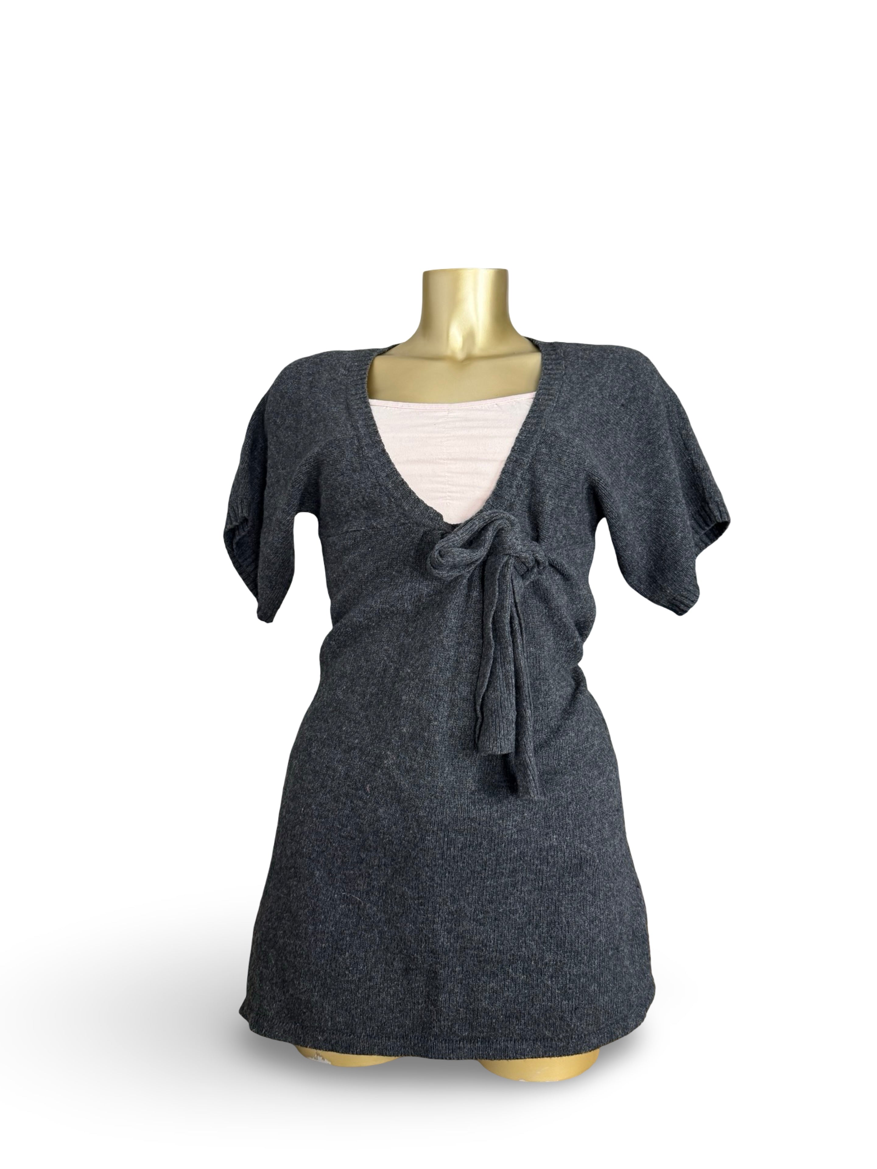 Grey short sleeves tie up knitted mini dress (S)
