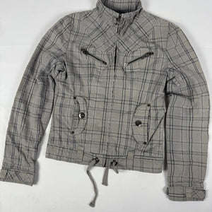 Brown check print tight fit biker jacket (S)