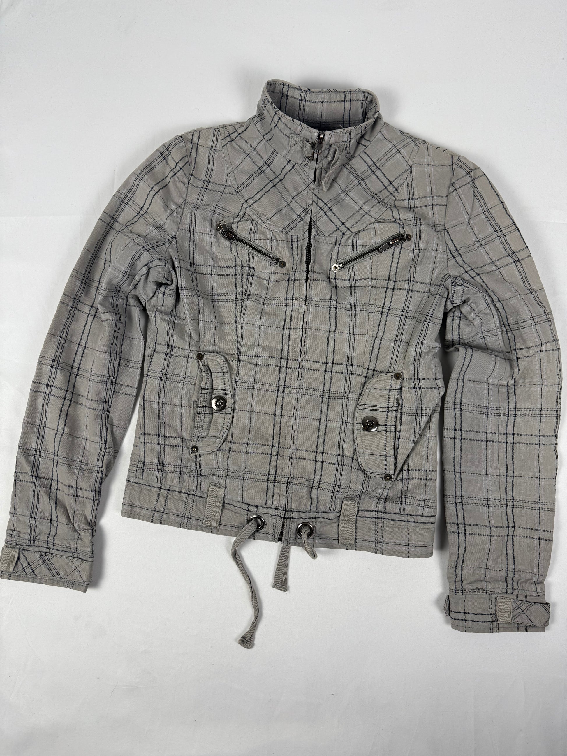 Brown check print tight fit biker jacket (S)