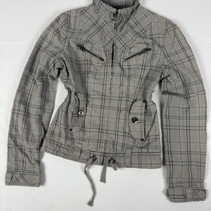 Brown check print tight fit biker jacket (S)