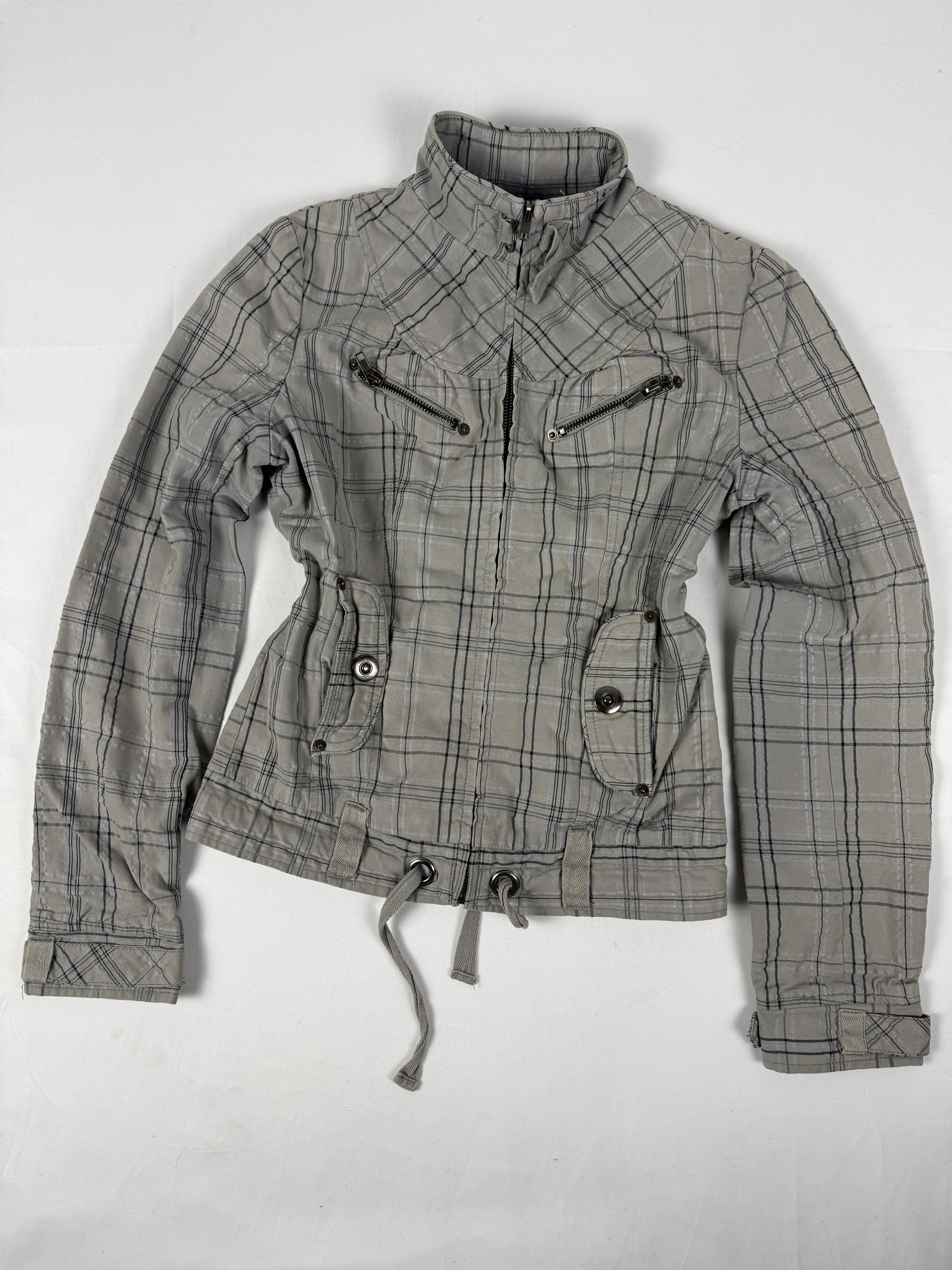 Brown check print tight fit biker jacket (S)