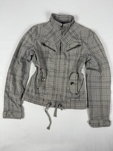 Brown check print tight fit biker jacket (S)