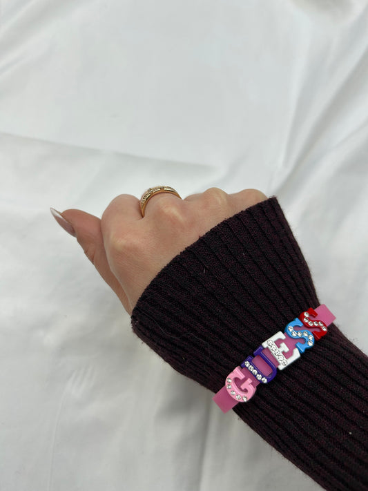 Flashy pink spell out logo pvc bracelet