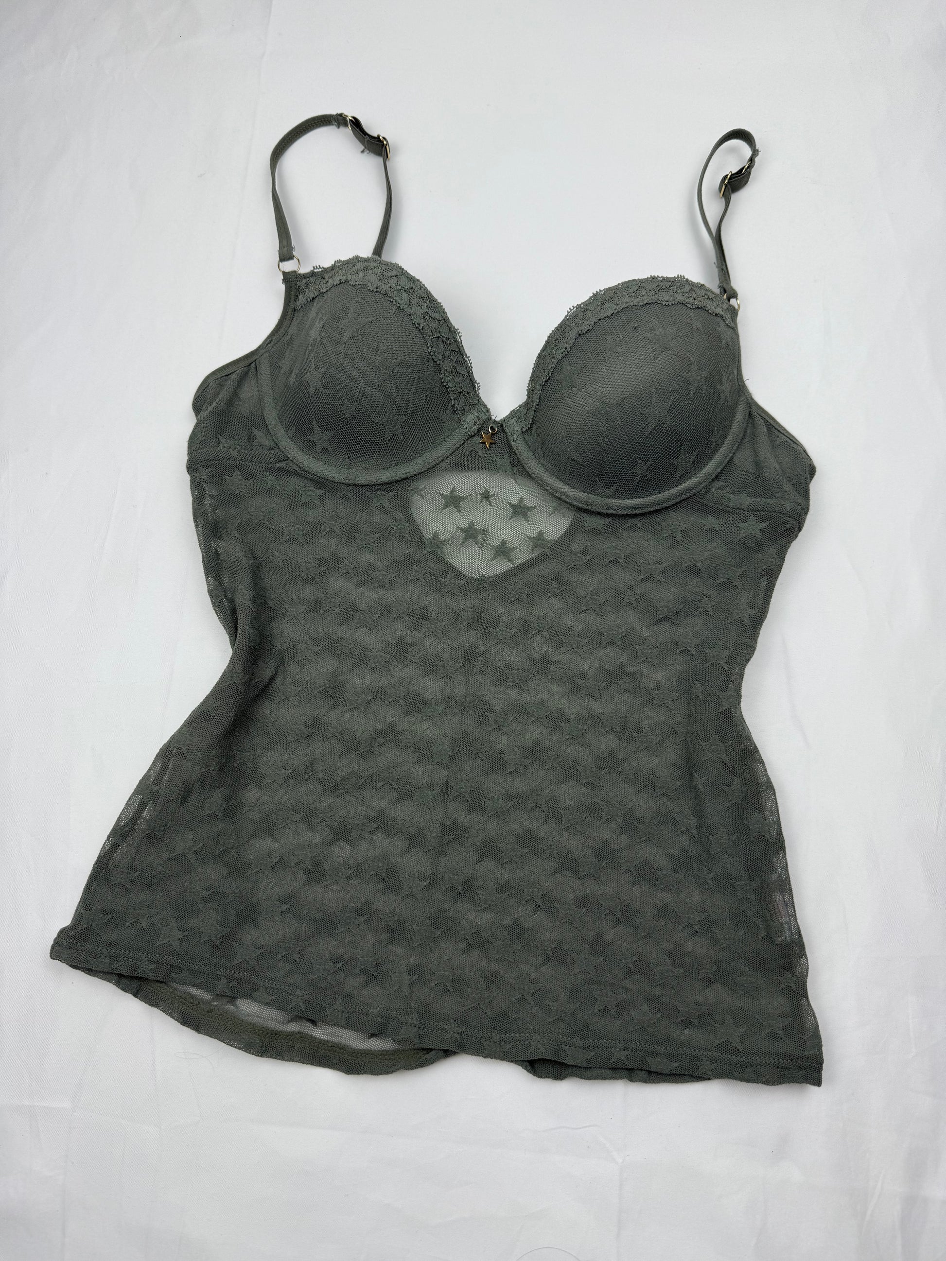 Khaki mesh see trough corset top + thong set (S)