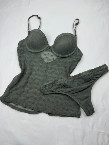 Khaki mesh see trough corset top + thong set (S)