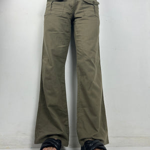 Khaki linen belt baggy pants (S)