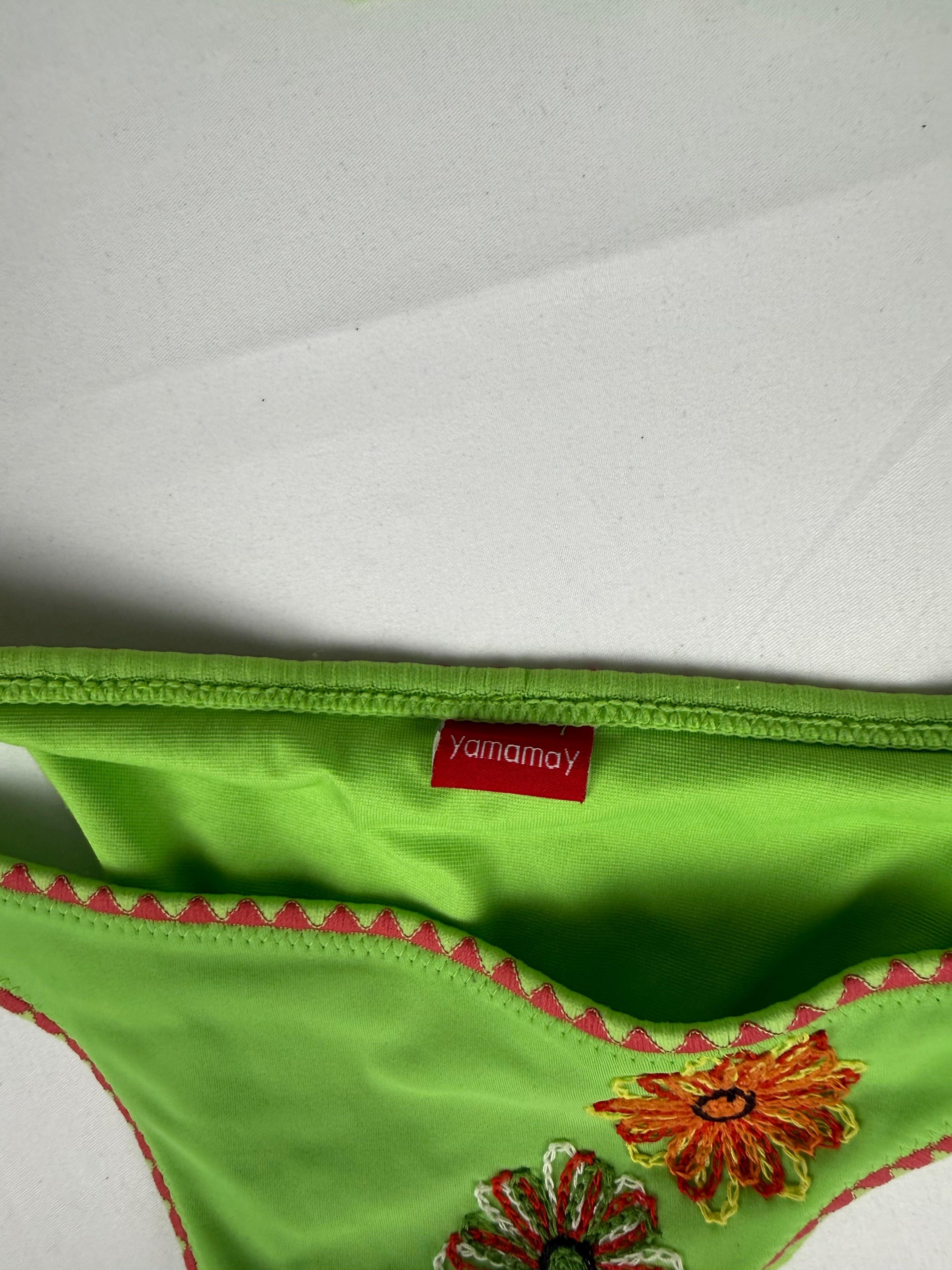 Green embroidered low rise bikini set (M)