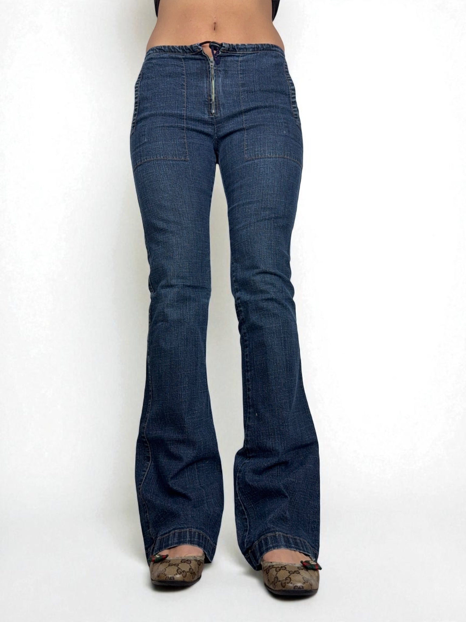Navy denim low rise flare pants (S)
