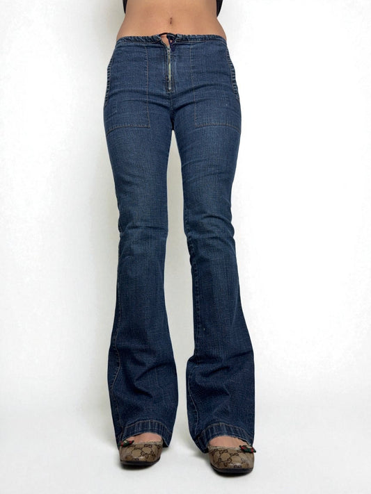 Navy denim low rise flare pants (S)
