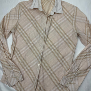 Beige check print cotton long sleeves office shirt (XS/S)