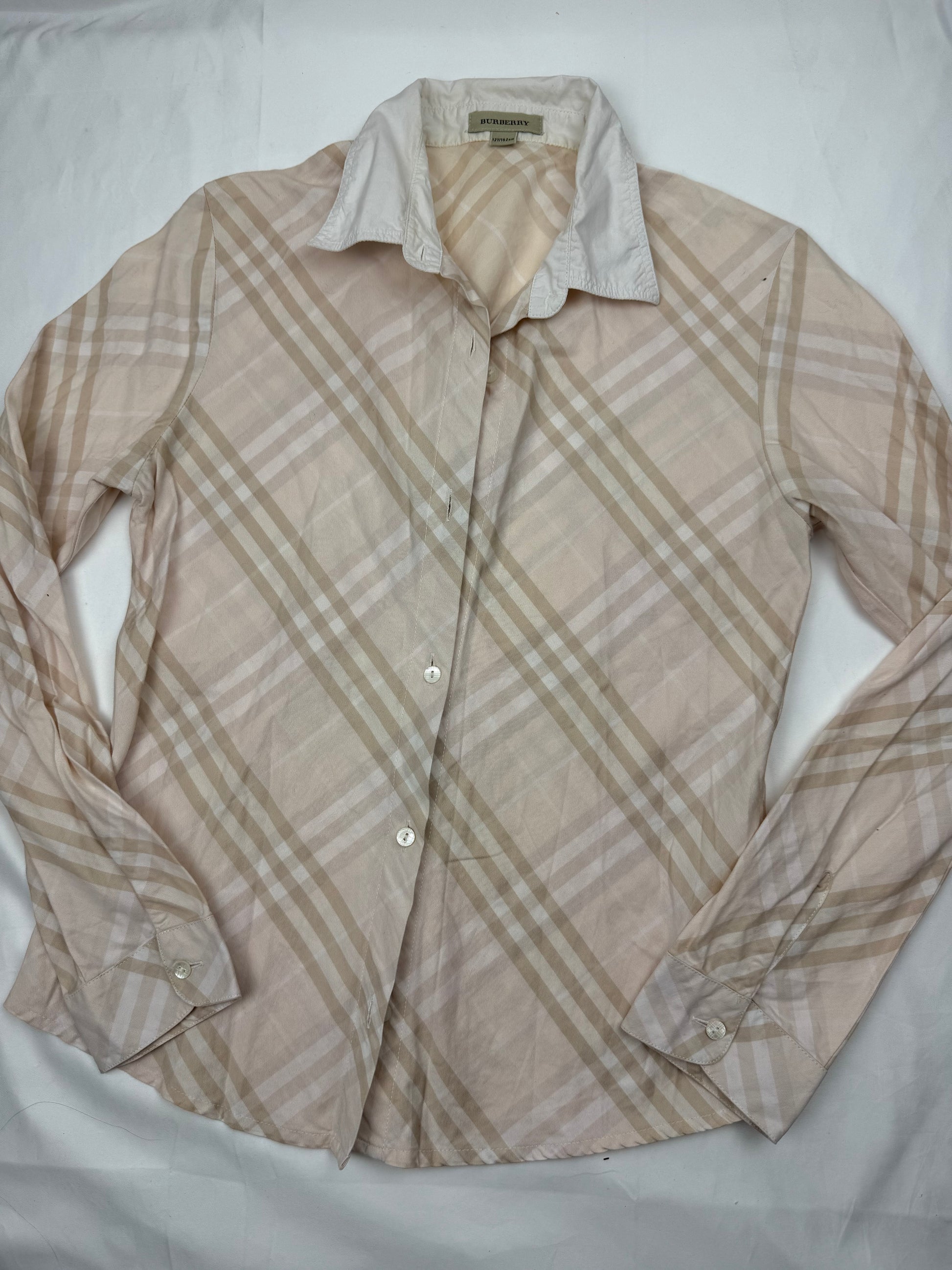 Beige check print cotton long sleeves office shirt (XS/S)