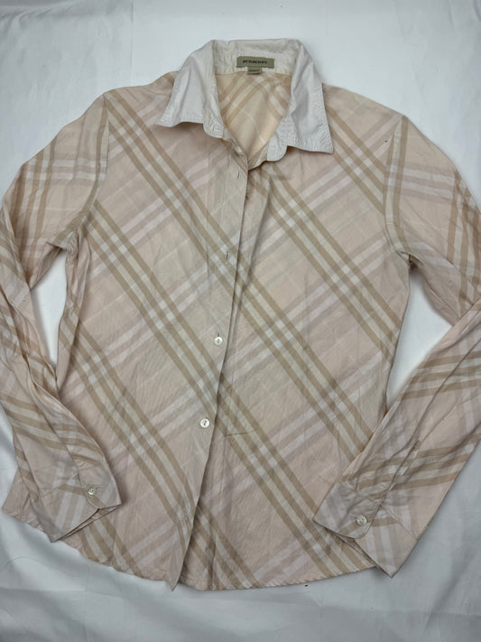 Beige check print cotton long sleeves office shirt (XS/S)