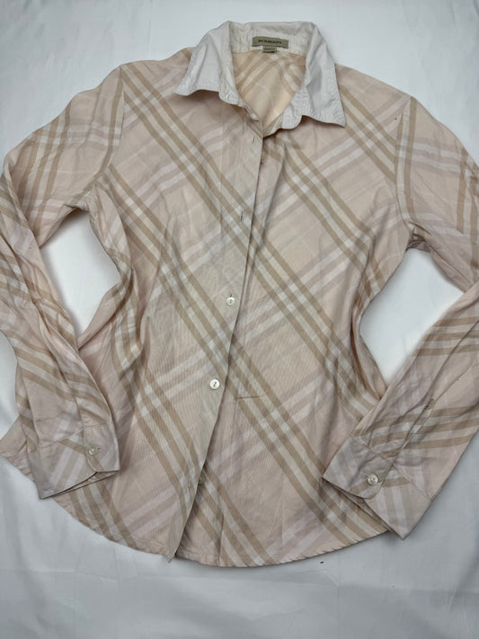 Beige check print cotton long sleeves office shirt (XS/S)
