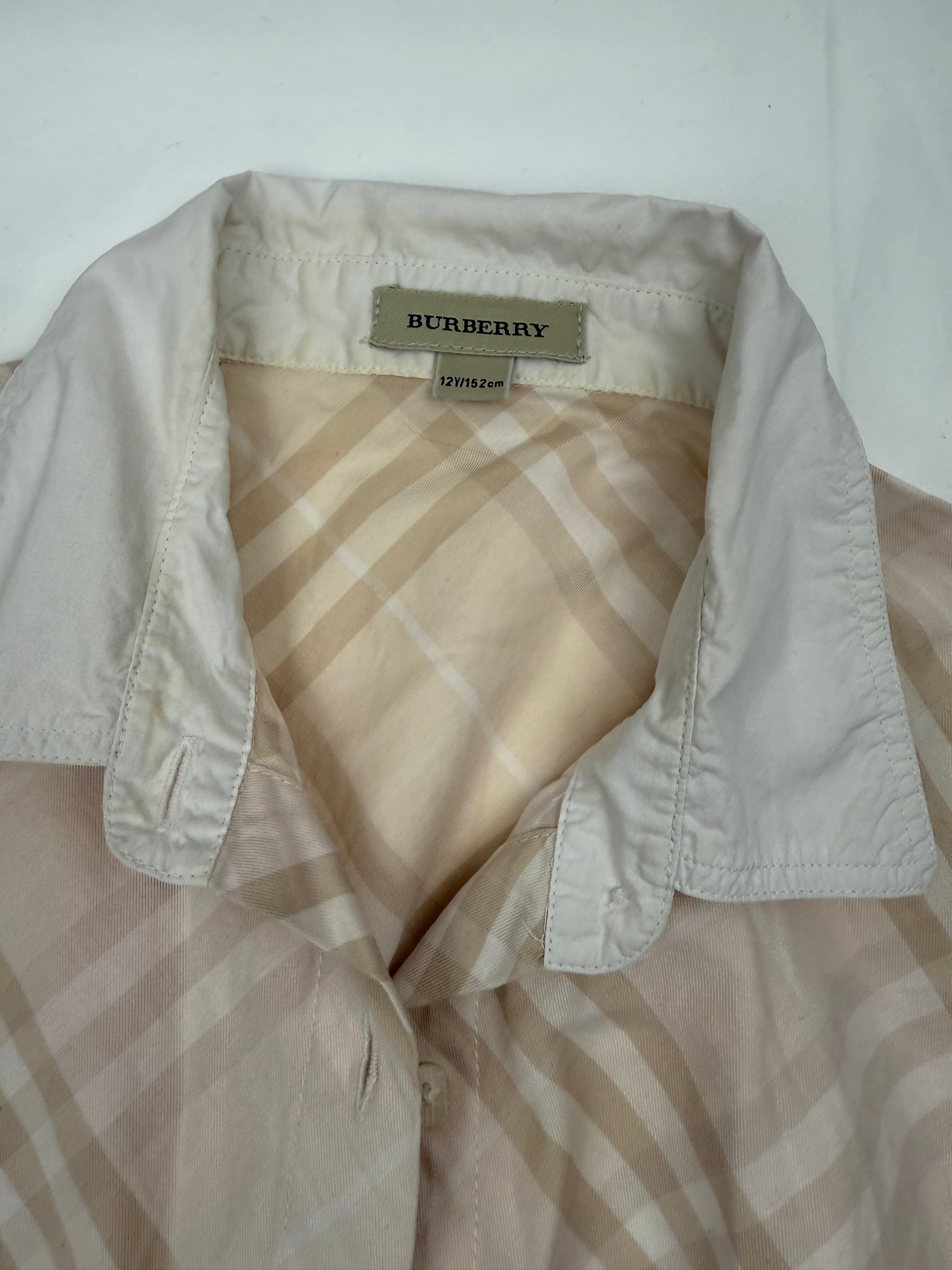 Beige check print cotton long sleeves office shirt (XS/S)