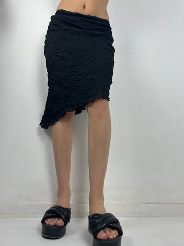 Black mesh lined low rise asymmetric midi skirt (XS/S)
