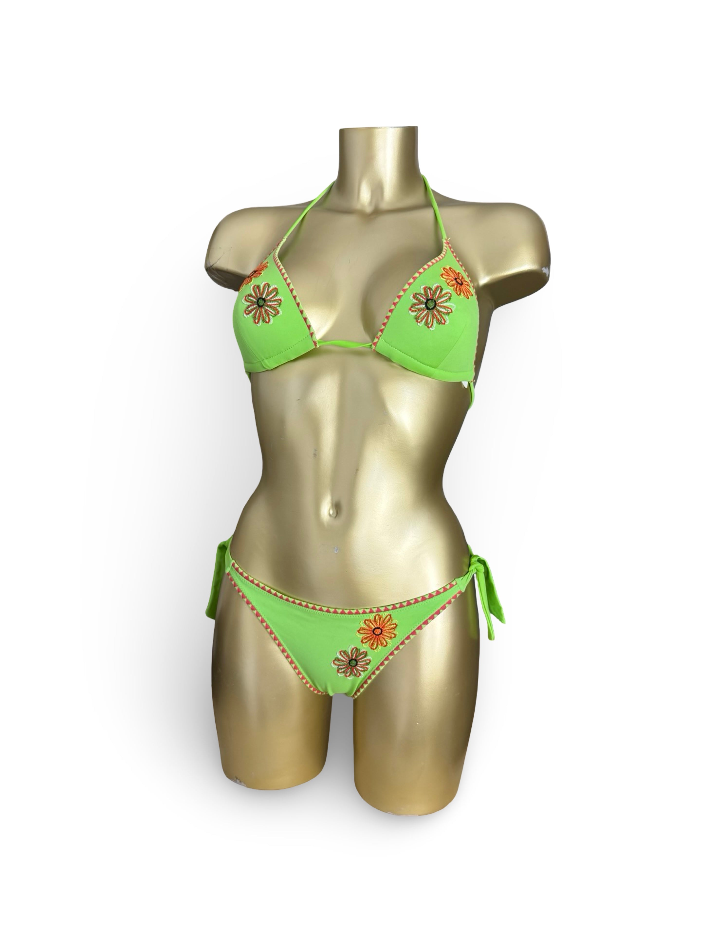 Green embroidered low rise bikini set (M)