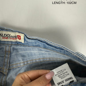 Blue denim low rise flared pants (M)