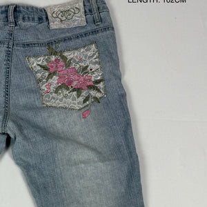 Blue denim low rise embroidered flared pants (S/M)
