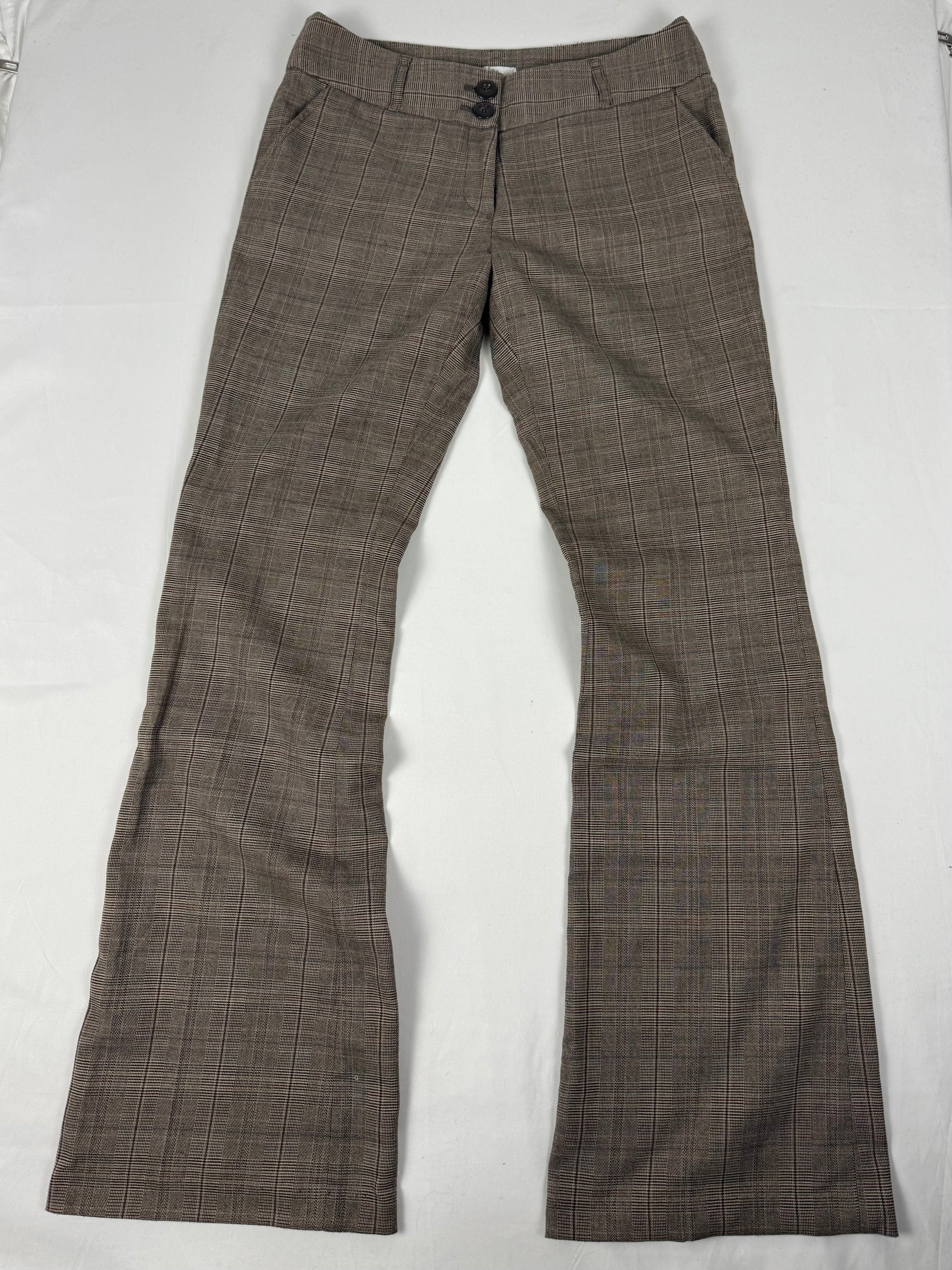 Brown check print office low rise flared pants (M)
