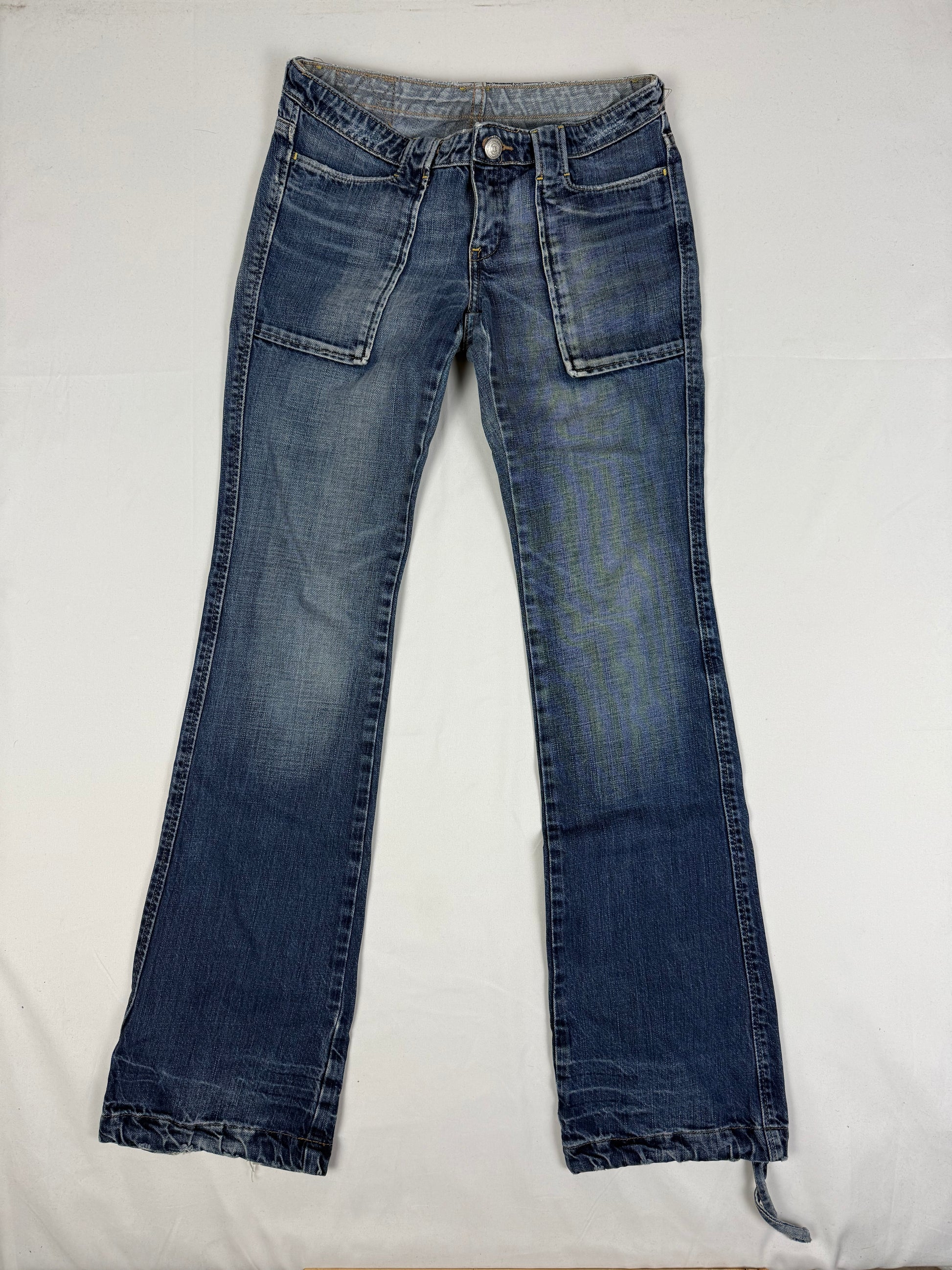 Blue denim cotton low rise flare bootcut pants (XS)