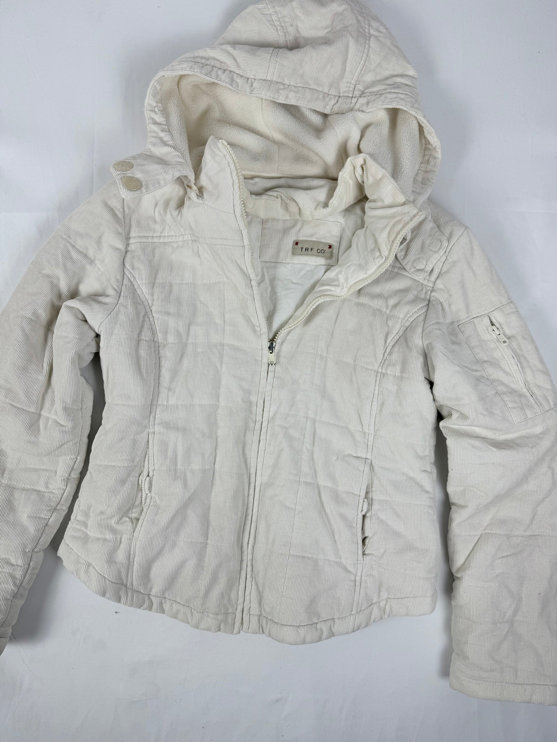 White velvet ribbed tight fit zip up hooded puffer jacket (M/L)