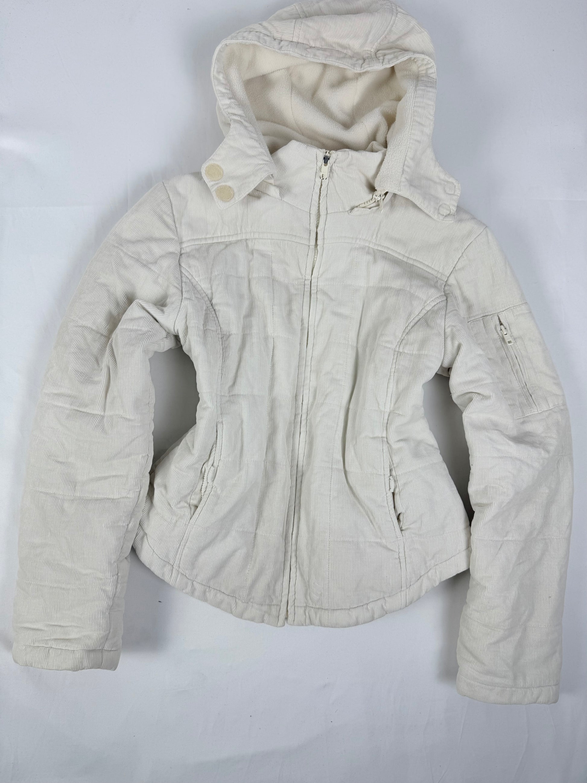 White velvet ribbed tight fit zip up hooded puffer jacket (M/L)