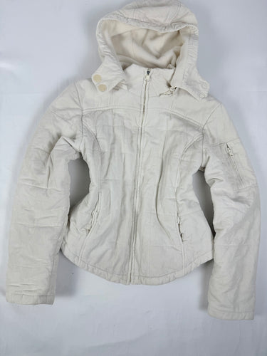 White velvet ribbed tight fit zip up hooded puffer jacket (M/L)