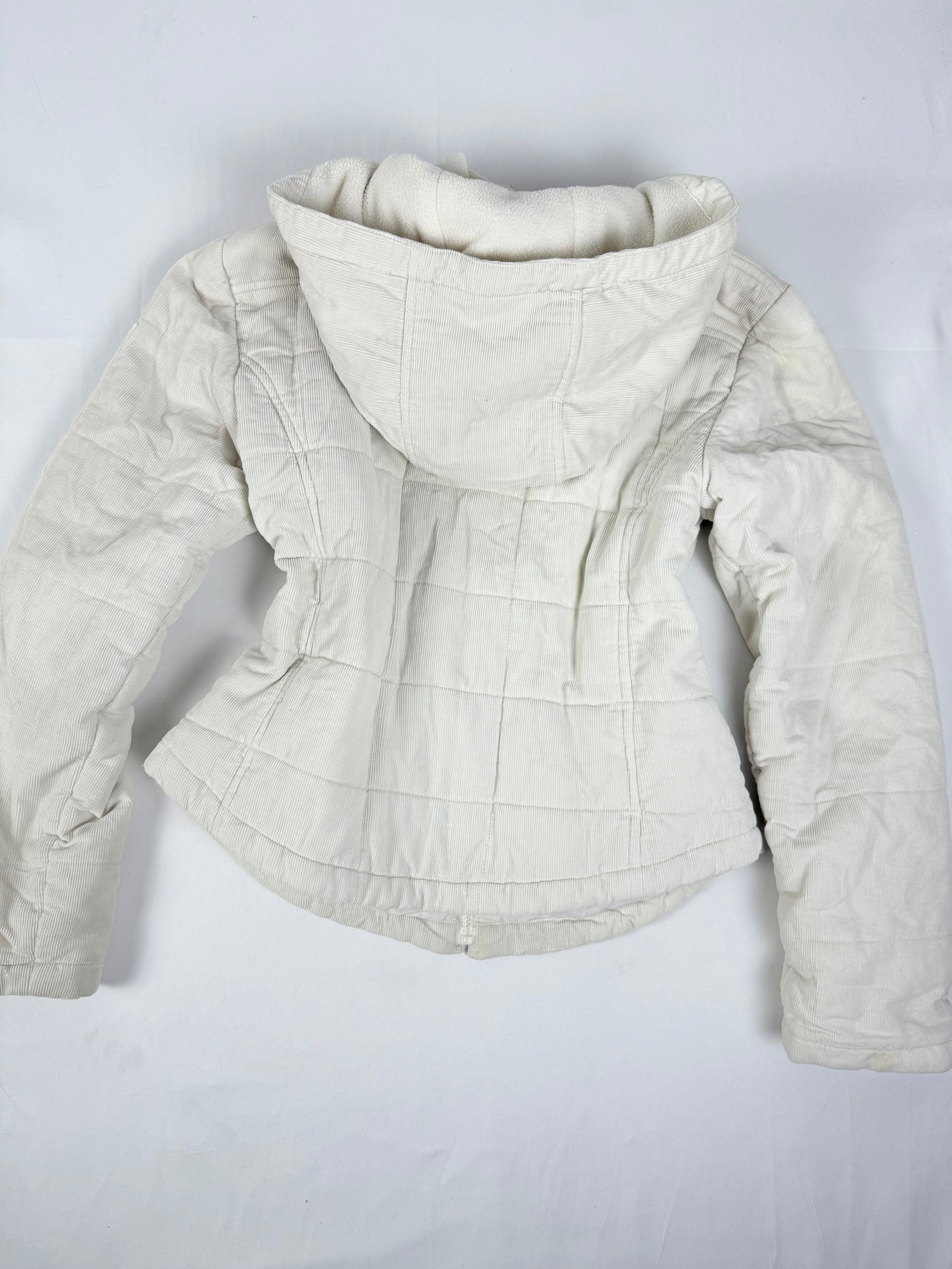 White velvet ribbed tight fit zip up hooded puffer jacket (M/L)