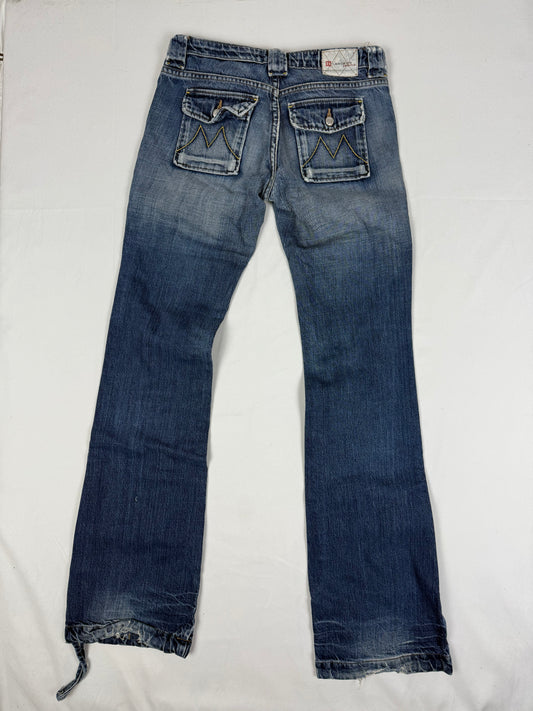 Blue denim cotton low rise flare bootcut pants (XS)