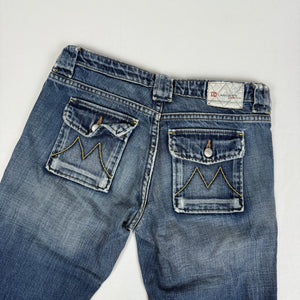 Blue denim cotton low rise flare bootcut pants (XS)
