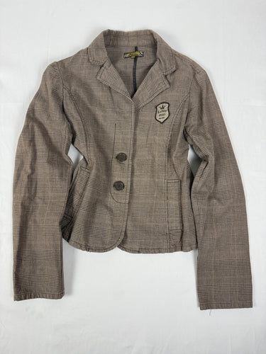 Brown check print tight fit blazer jacket (L)