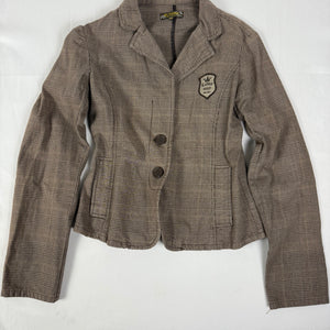 Brown check print tight fit blazer jacket (L)