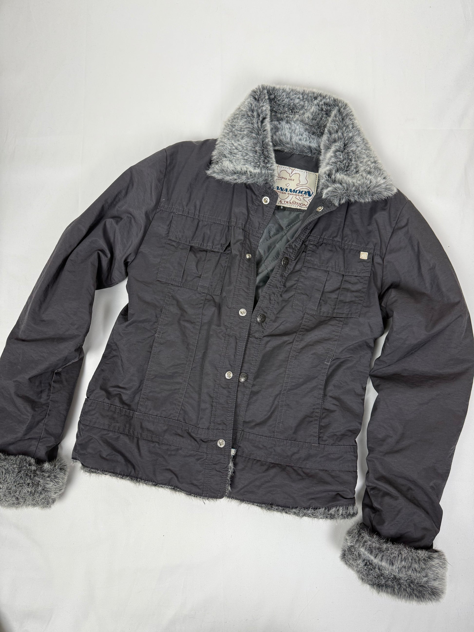 Black faux fur neck zip up tight fit biker jacket (S)