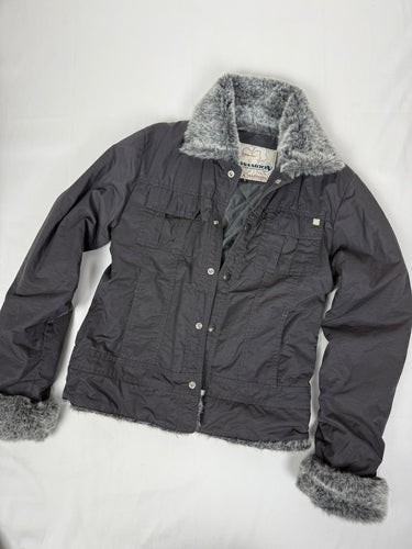 Black faux fur neck zip up tight fit biker jacket (S)