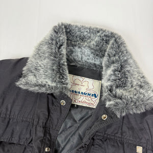 Black faux fur neck zip up tight fit biker jacket (S)