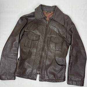 Brown real leather zip up tight fit biker jacket (XS)