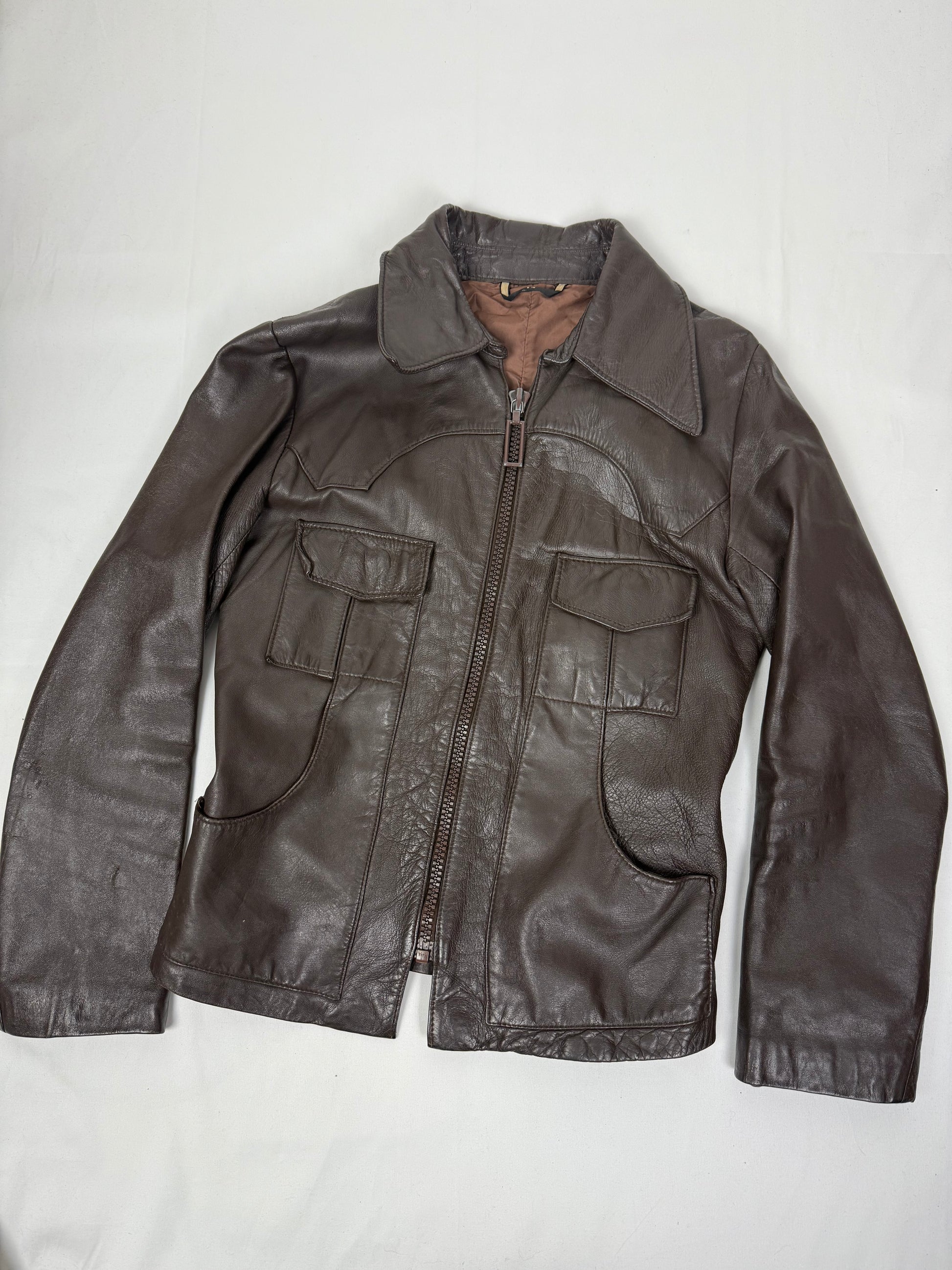 Brown real leather zip up tight fit biker jacket (XS)