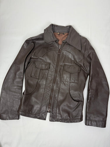 Brown real leather zip up tight fit biker jacket (XS)