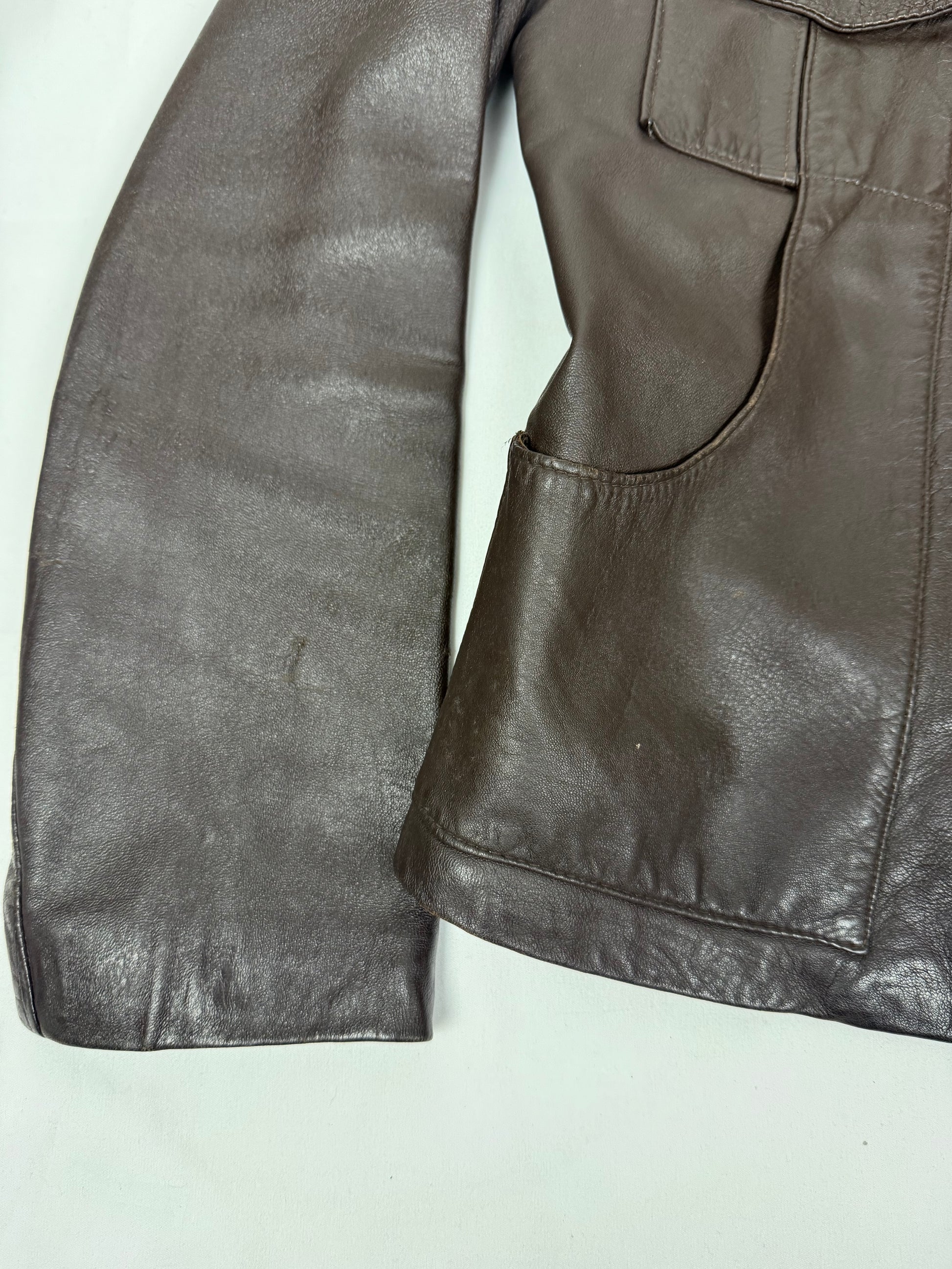 Brown real leather zip up tight fit biker jacket (XS)