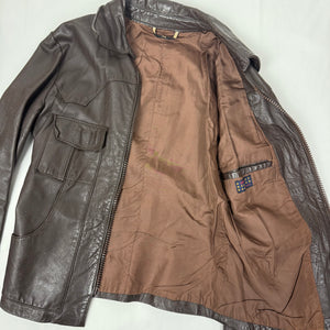 Brown real leather zip up tight fit biker jacket (XS)