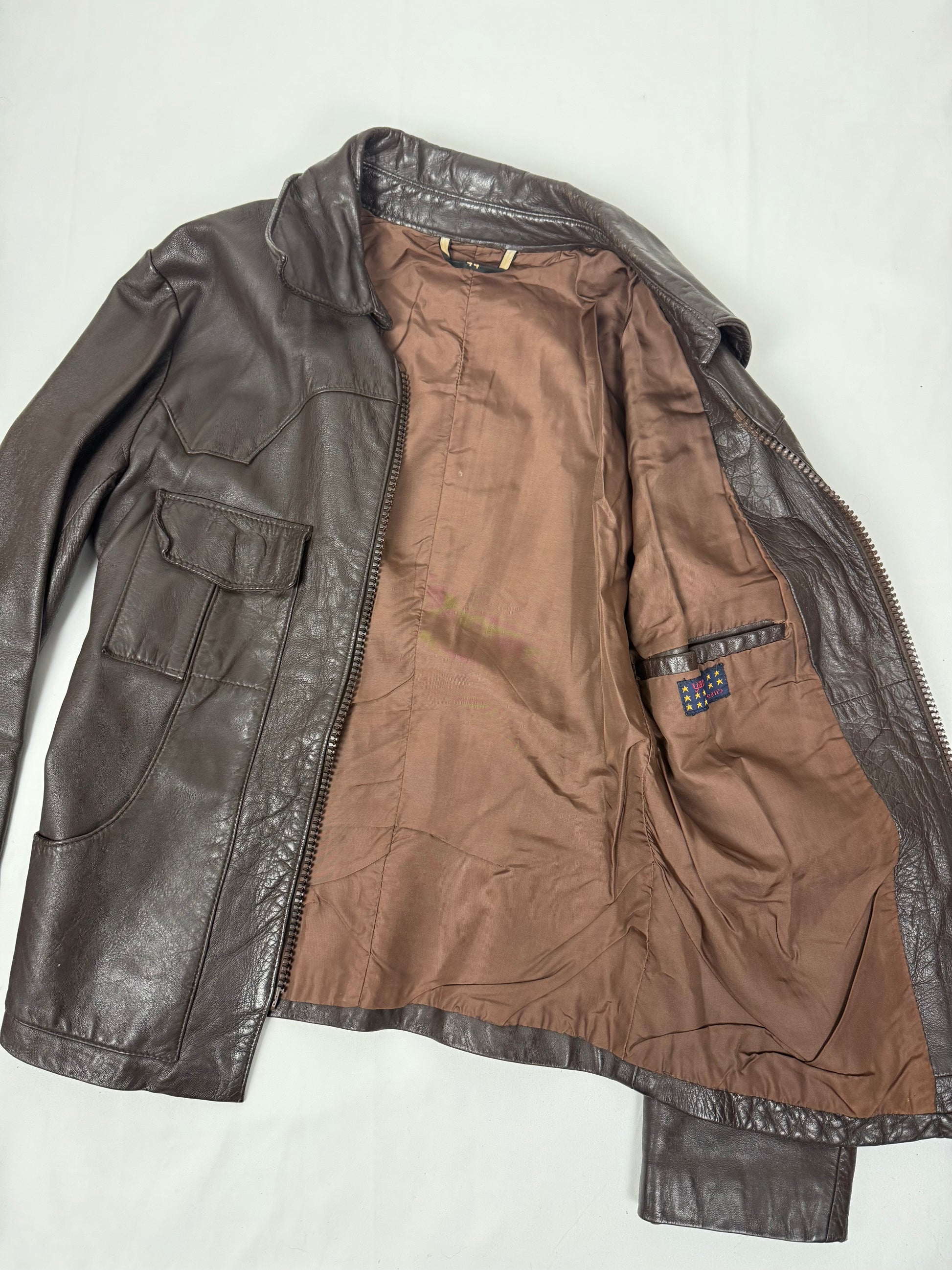 Brown real leather zip up tight fit biker jacket (XS)
