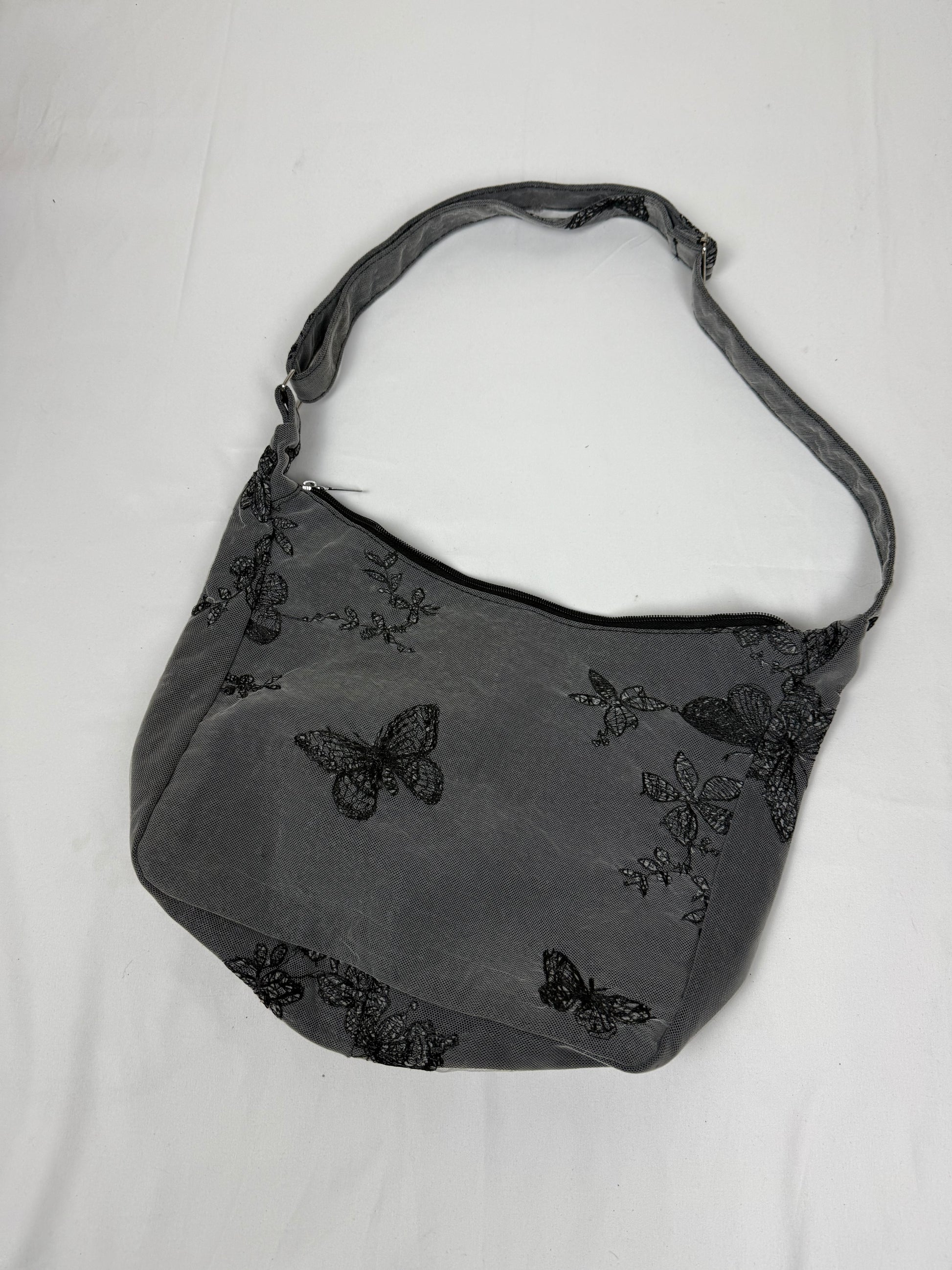 Grey butterflies print besace shoulder bag (38x24cm)