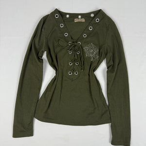 Khaki lace up long sleeves top (S)
