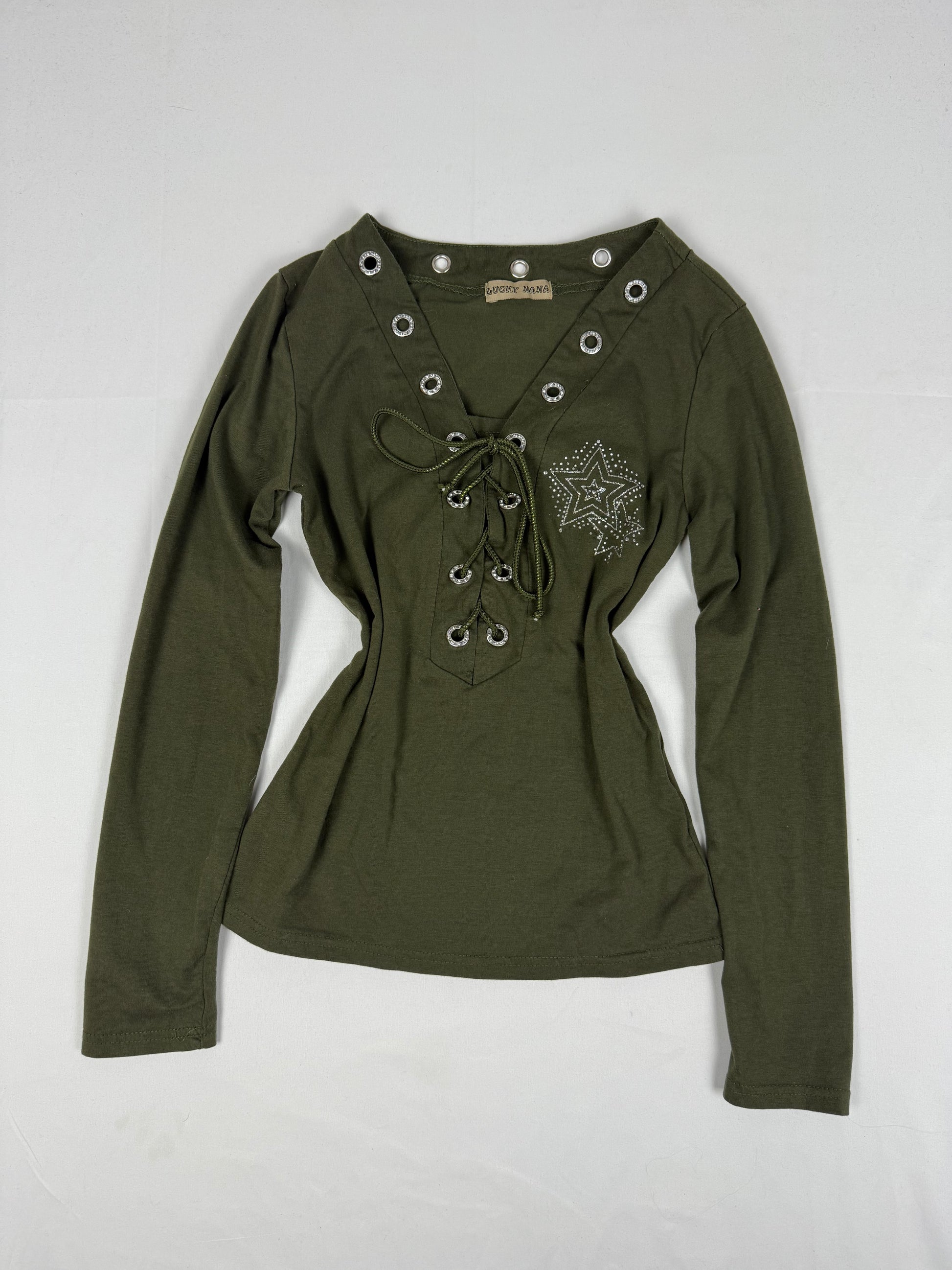 Khaki lace up long sleeves top (S)